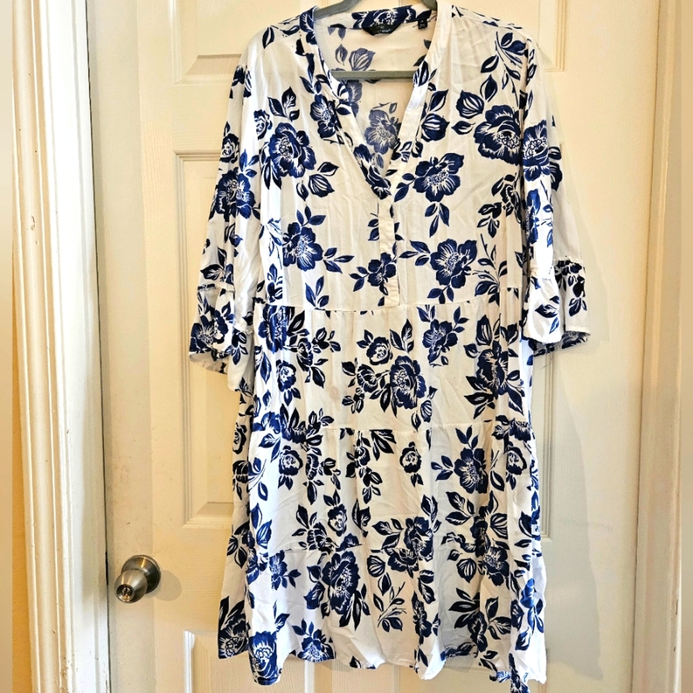 Rose print blue & white spring dress